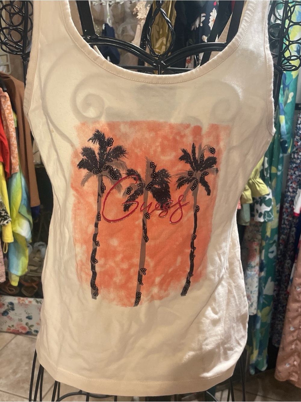 Guess White Tank with Orange Palm Print